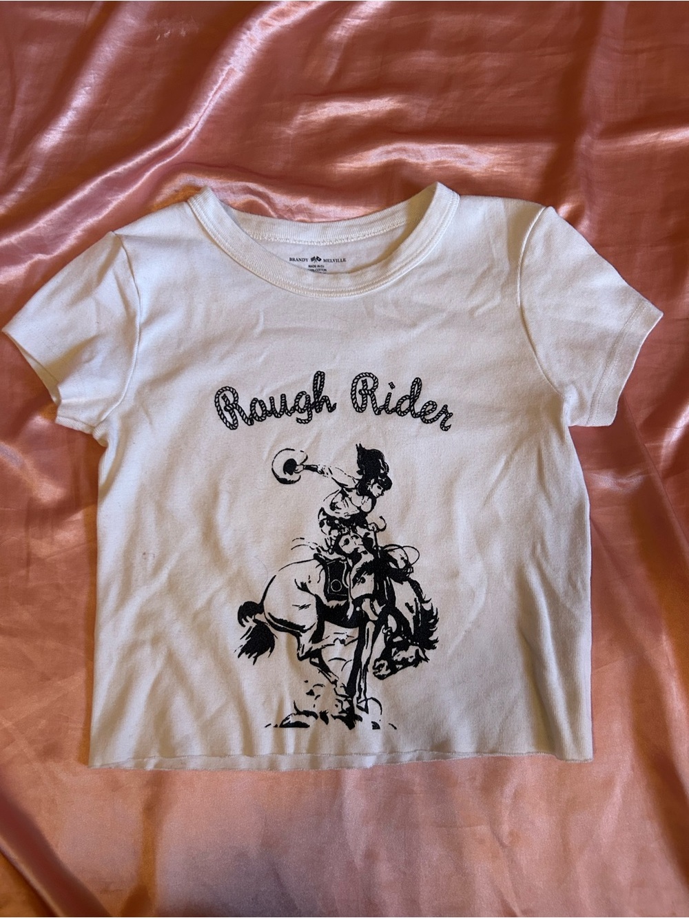 Brandy Melville White "Rough Rider" Graphic Women’s Cropped Tee